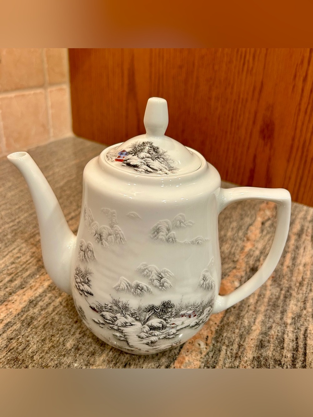 White Porcelain Tea Pot Hand Painted Made In Jingdezhen. Marked. Winter Scene
